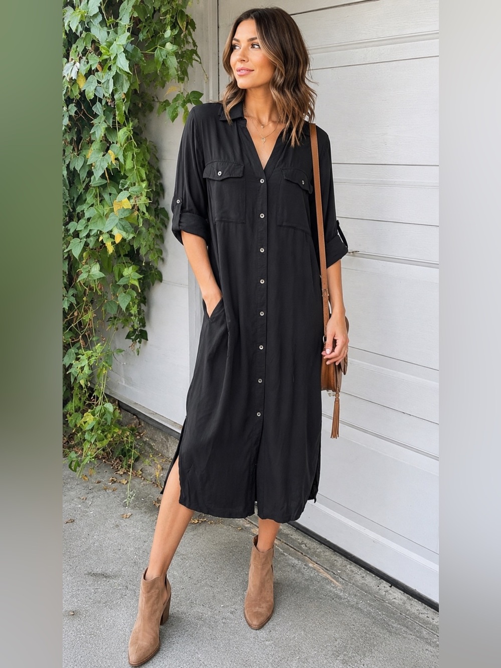 Knox Rose Black Button Front Midi Dress XS Boho Minimalist Utility Shirt Dress